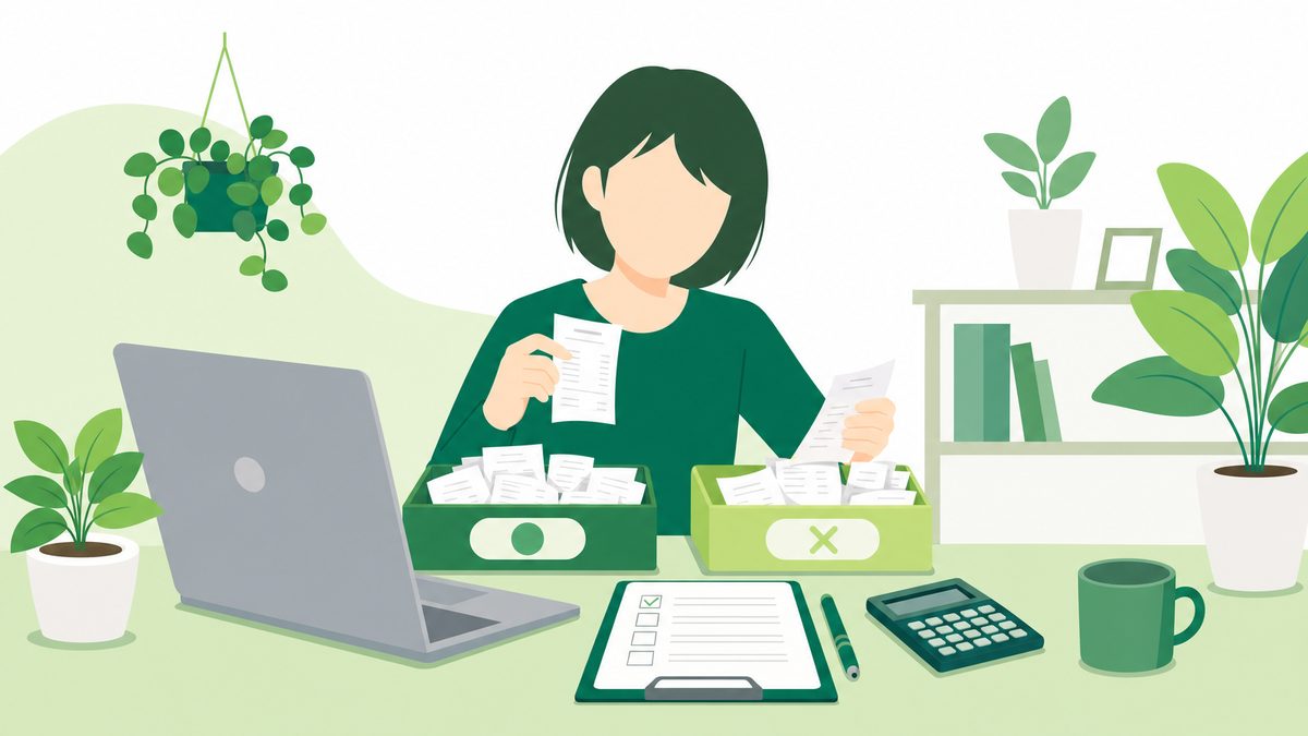 デスクでレシートと帳簿を仕分けし、副業の経費になるか判断している人物のイラスト