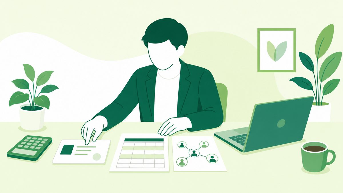 デスクで名刺や価格表を整え独立の準備を具体化する人物のイラスト