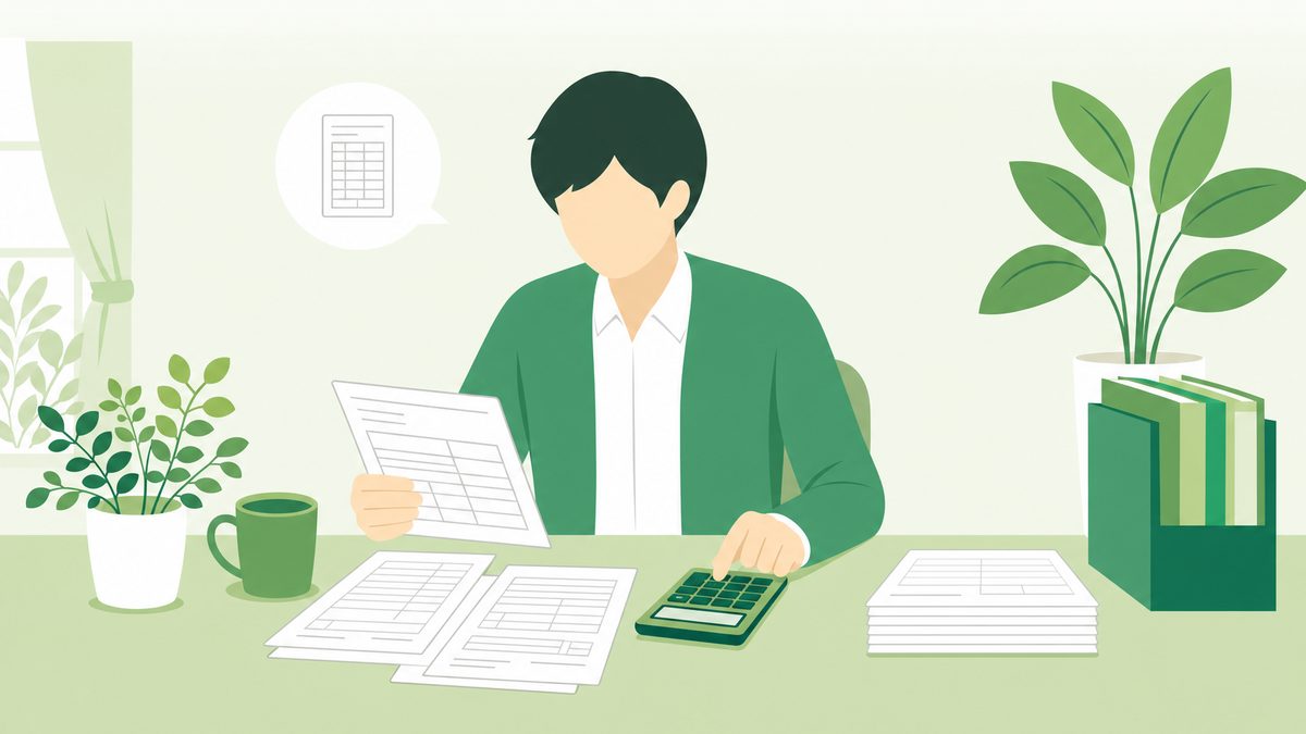 源泉徴収票や入金明細を前に、副業の確定申告が必要か整理している会社員のイラスト