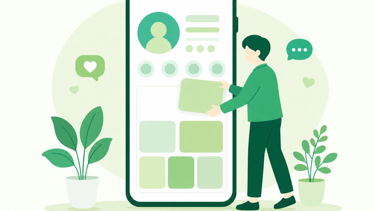スマートフォンでInstagramのプロフィール画面を整える個人事業主のイラスト