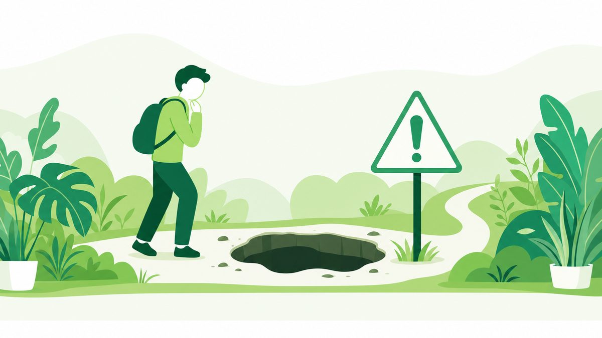 生成AI活用の落とし穴に気をつけながら道を進む人物のイラスト