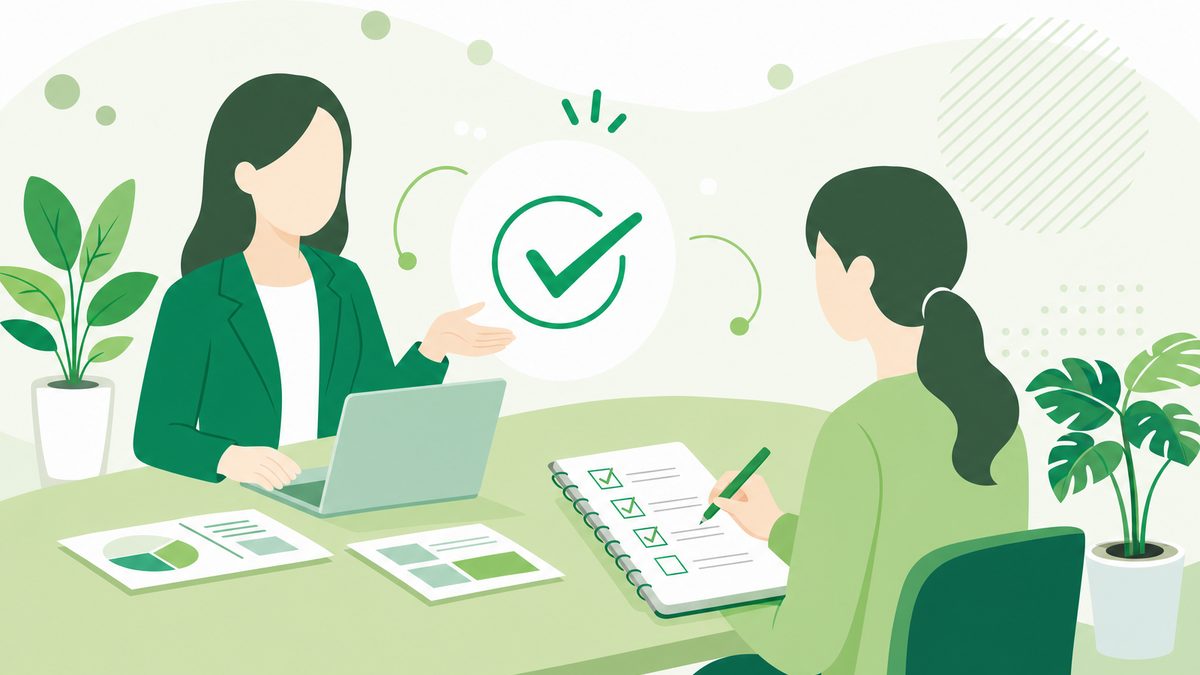 無料説明会でメモを取りながら質問する参加者のイラスト